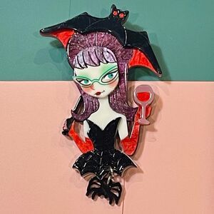 Vintage Pin-up Goth Bat Girl Holding a Wine with Spider Body Enamel Pin Brooch